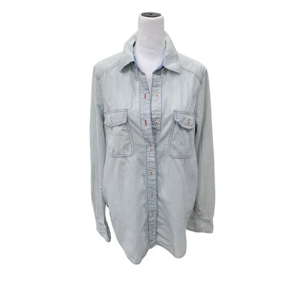 Free People Bandana Bandit Button Long Sleeve Shirt Button Up Denim Size Small - Picture 2 of 11